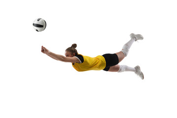 Flying. Young female volleyball player isolated on white studio background. Woman in sportswear training and practicing in action, flight. Concept of sport, healthy lifestyle, motion and movement.