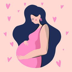 Pregnant woman with pink hearts background