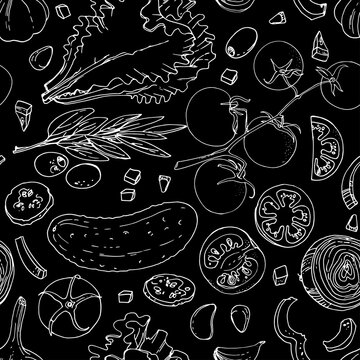 Pattern of painted vegetables line drawn on a black background. Skertch autumn harvest. Fresh food.