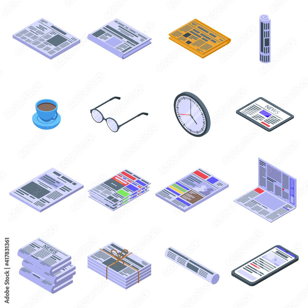 Wall mural Newspaper icons set. Isometric set of newspaper vector icons for web design isolated on white background - Wall murals