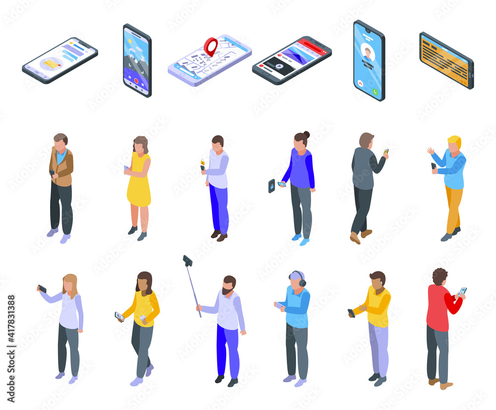 Poster using smartphone icons set. isometric set of using smartphone vector icons for web design isolated o