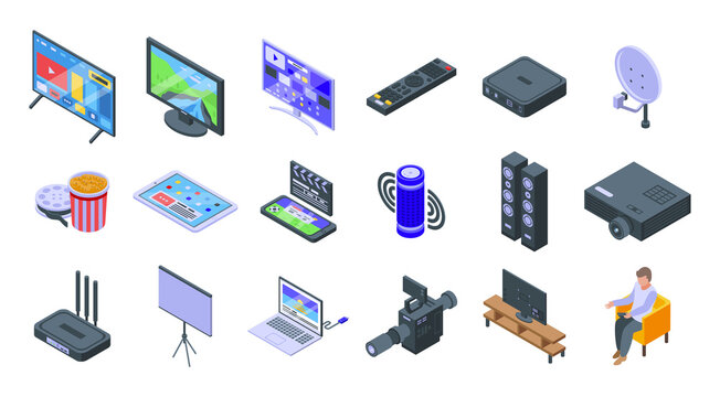 Interactive tv icons set. Isometric set of interactive tv vector icons for web design isolated on white background