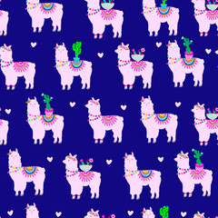 Fototapeta premium Seamless pattern with a cute lama and cactus. Pink Background for wrapping paper, rucksack, clothes, fabric, textiles, wallpaper, socks, web, cards. Vector animal illustration for kids.