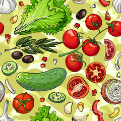 Pattern of painted colored vegetables line drawn. Skertch autumn harvest. Fresh food.