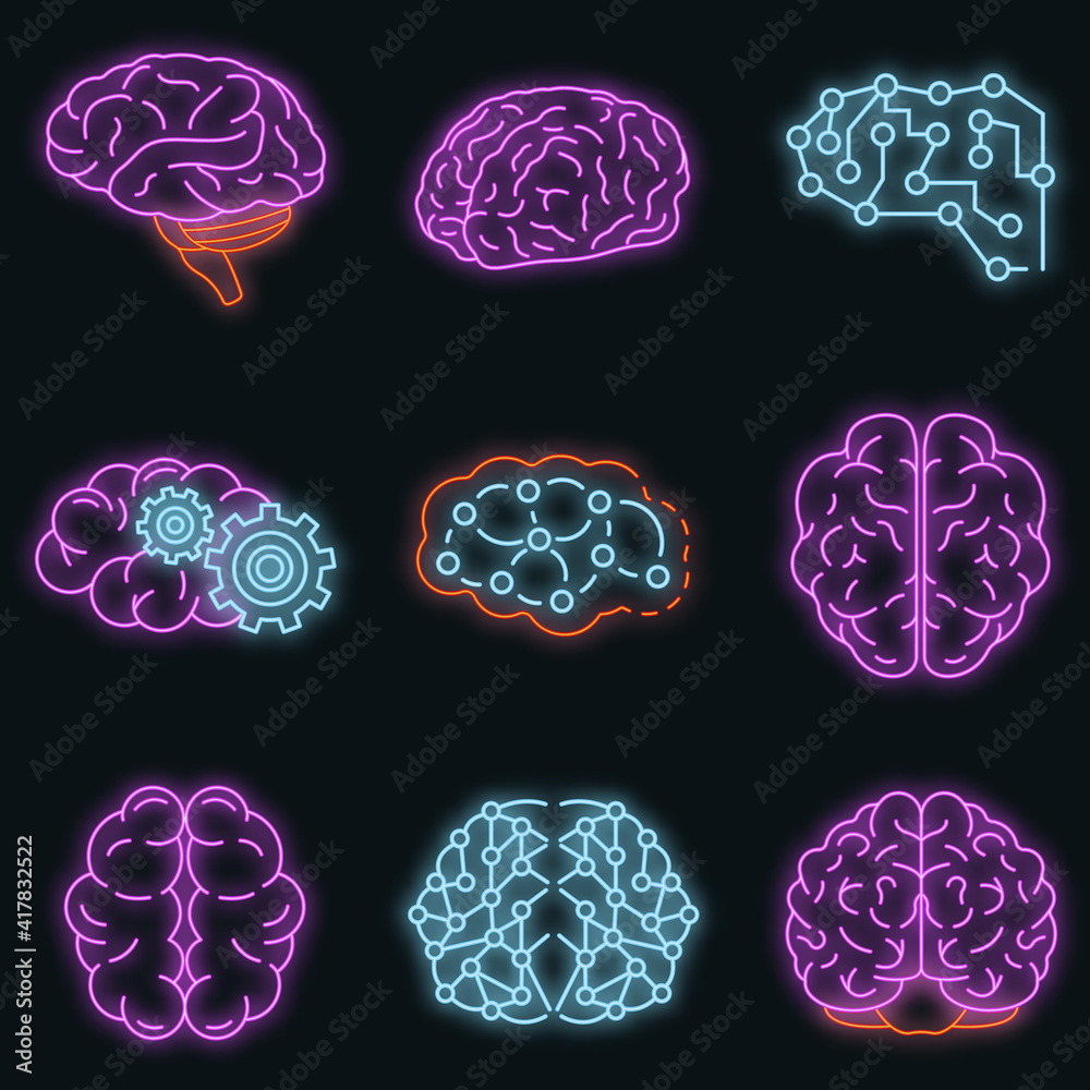 Wall mural Memory brain icon set. Outline set of memory brain vector icons neon color on black - Wall murals