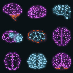 Memory brain icon set. Outline set of memory brain vector icons neon color on black