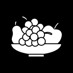Fresh fruits in bowl dark mode glyph icon. Platter with grapes, pear, apples. Nourishment and nutrition. Dietary, healthy eating. White silhouette symbol on black space. Vector isolated illustration