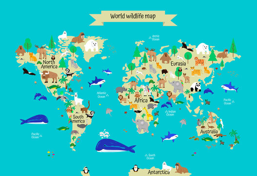 world map with continents, animals, plants. Education of children, preschoolers, schoolchildren, home schooling