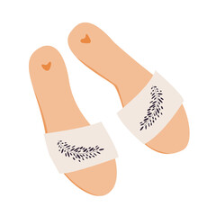 Pair of colorful sandals with dark feather, vector illustration