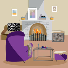 Great design of the living room with a fireplace and a cozy armchair, sofa and ottoman. An ideal place for relaxation and vacation. Vector flat cartoon illustration. Cozy background