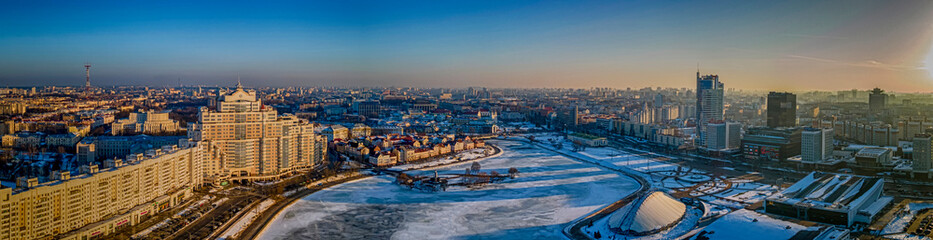 Aerial panorama of historical center of Minsk with modern and old buildings. Travel concept. Birds eye view of the cityscape.