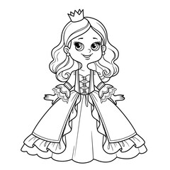 Cute cartoon princess girl in ball gown with lush skirt and bows outline for coloring on a white background
