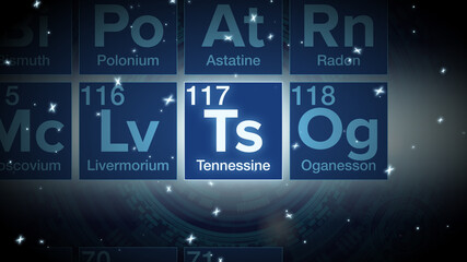 Close up of the Tennessine symbol in the periodic table, tech space environment.