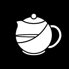 Kettle with tea dark mode glyph icon. Teapot with liquid. Teakettle with water. Brewing tea in classic pot. Home kitchenware. White silhouette symbol on black space. Vector isolated illustration
