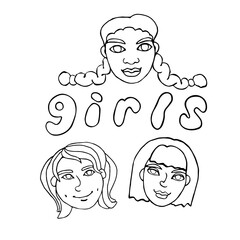 Vector outline face people. Hand drawn line art illustration. Heads of a girls, women in the style of a Doodle, isolated on a white background. Different and beautiful