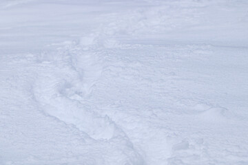 Fototapeta na wymiar Footprints on beautiful shiny snow as background, closeup view
