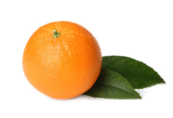Fresh ripe orange with green leaves on white background