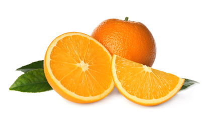Cut and whole fresh ripe oranges with green leaves on white background