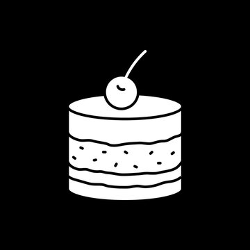 Cake dark mode glyph icon. Sweet dessert. Cafe pastry and bakery product. Treat with cream and cherry on top. Restaurant cupcake. White silhouette symbol on black space. Vector isolated illustration