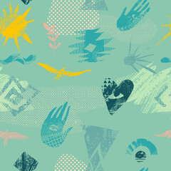 Vector abstract seamless pattern with natural and geometric motives.