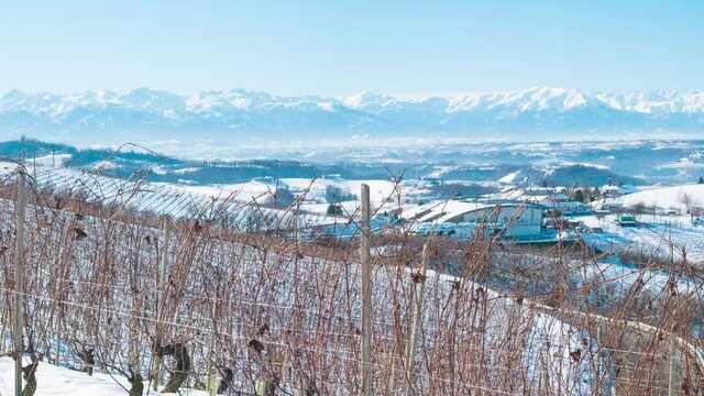 Pan: Italy Piedmont row of wine yards, unique landscape in winter with snow, rural village on hill top, italian historical heritage nebbiolo grape agriculture panoramic view