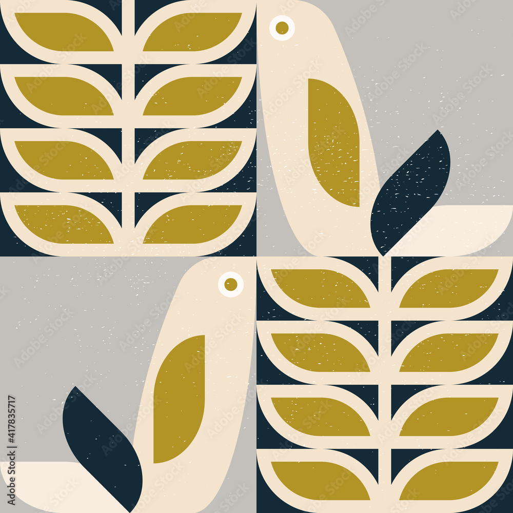 Poster abstract geometric retro inspired vector seamless pattern.stylized bird, leaves and flowers in paste