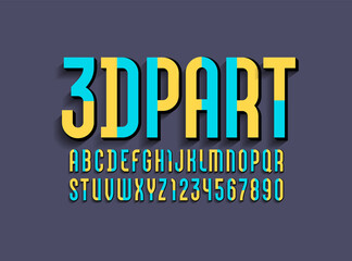 3D Font made of from multicolored parts, original bright alphabet, modern condensed letters and numbers, vector illustration 10EPS.