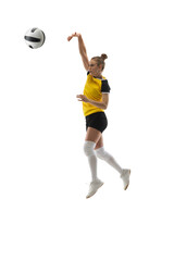 Fototapeta na wymiar In jump. Young female volleyball player isolated on white studio background. Woman in sportswear training and practicing in action, flight. Concept of sport, healthy lifestyle, motion and movement.