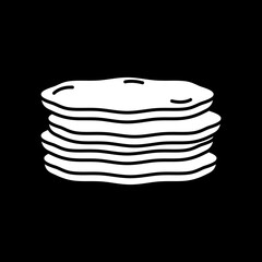Pancakes stack dark mode glyph icon. Breakfast food. Baked pastry. Sweet cakes. Serving lunch, diner menu. Bistro treat. White silhouette symbol on black space. Vector isolated illustration