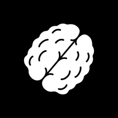 Walnut dark mode glyph icon. Nutrient nut. Nourishment and vitamin for dietary eating. Healthy food. Cracked shell with kernel. White silhouette symbol on black space. Vector isolated illustration