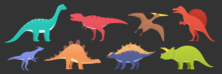 Dinosaurs vector Set isolated on dark. Dinosaurs animal predators and herbivores. Dino icons of triceratops, tyrannosaurus and stegosaurus, brontosaurus, spinosaurus and velociraptor, pteranodon.