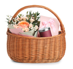 Fototapeta na wymiar Wicker basket with different gifts on white background