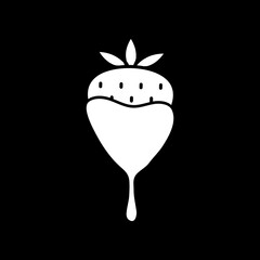 Strawberry in melted chocolate dark mode glyph icon. Valentine treat. Romantic dessert. Fondue fruit. Sweet dessert. White silhouette symbol on black space. Vector isolated illustration
