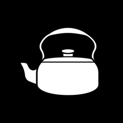 Tea kettle dark mode glyph icon. Teakettle for drink brewing. Kitchen appliance. Home kitchenware. Brewing hot beverage. White silhouette symbol on black space. Vector isolated illustration