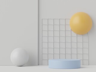 Naklejka na ściany i meble 3d rendering of pastel minimal scene of white blank podium with earth tones theme. Muted saturated color. Simple geometric shapes design.