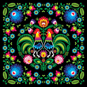 Polish retro folk art square vector pattern with roosters and flowers - wzory lowickie, wycinanki on black background
