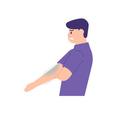 a man holds his hand because he feels tingling or paresthesia, weakness, numbness, like being pricked by a needle. the expressions on people's faces. flat style. vector design element