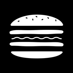 Burger layers dark mode glyph icon. Cheeseburger take out. Fast food delivery. Hamburger take away. Restaurant menu. White silhouette symbol on black space. Vector isolated illustration