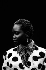 Beautiful African model with black skin against a dark background in black and white. Thinking....