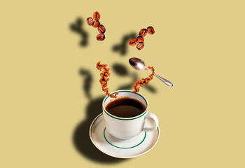 The template is a levitation of a cup of espresso coffee, into which coffee granules and grains are poured from above.
