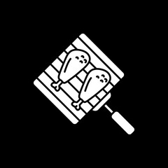 Grilling chicken drumsticks dark mode glyph icon. Barbecue party. BBQ cookery. Roasting meat on steel grate. Fried poultry. White silhouette symbol on black space. Vector isolated illustration