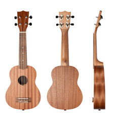 Wooden soprano ukulele isolated on white background. Front, back and side views. - obrazy, fototapety, plakaty
