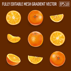 Set of ripe oranges on a dark brown background.