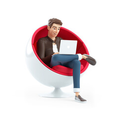 3d cartoon man sitting in spherical chair with laptop
