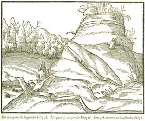 Ein waagrecht liegendes Flöz A. Ein geneigt liegendes Flöz B. Ein gekrümmt verlaufendes Flöz C. Georgius Agricola, Berg- und Hüttenwesen, 1556. 