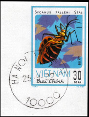 Postage stamp issued in the Vietnam with the image of the Soldier Bug, Sycanus falleni. From the...