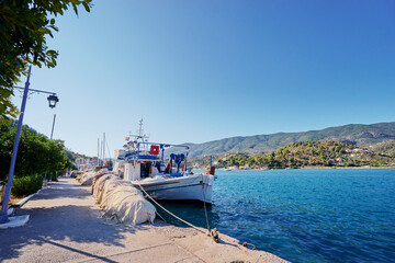 Harbor with leisure and fishing boats at anchor, Paros Island, Greece.