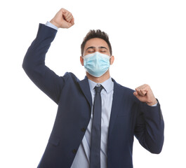 Emotional businessman with protective mask on white background. Strong immunity concept