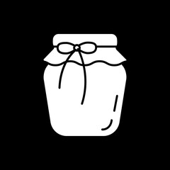 Jar of preserved jam dark mode glyph icon. Canned syrup. Glass of marmalade. Conserved sauce. Honey in container. White silhouette symbol on black space. Vector isolated illustration