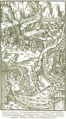Förderung auf Saumtieren, mittels Lutten, in Schubkarren, in zweirädrigen Karren und Wagen. Georgius Agricola, Berg- und Hüttenwesen, 1556. 